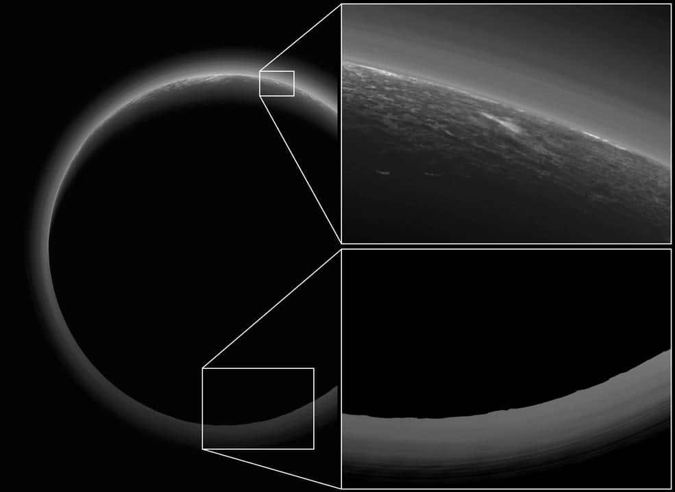 Dans l’encart du haut, large de 230 km, on distingue une tache claire à basse altitude qui pourrait être un nuage de méthane, le premier jamais observé sur Pluton. Dans l’encart du bas, 750 km de large, on peut enfin observer en haute résolution les montagnes acérées de cette partie de la planète naine qui n’a pas été survolée de près. © Nasa, JHUAPL, SwRI