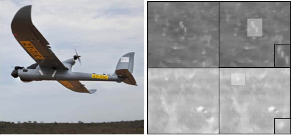 En Afrique, des drones de surveillance sont utilisés dans la lutte contre le braconnage. Sur les images infrarouges capturées par les caméras embarquées, les braconniers, dans le rectangle blanc, sont à peine discernables. © <em>University of Southern California</em>, Elizabeth Bondi <em>et al.</em>, 2018