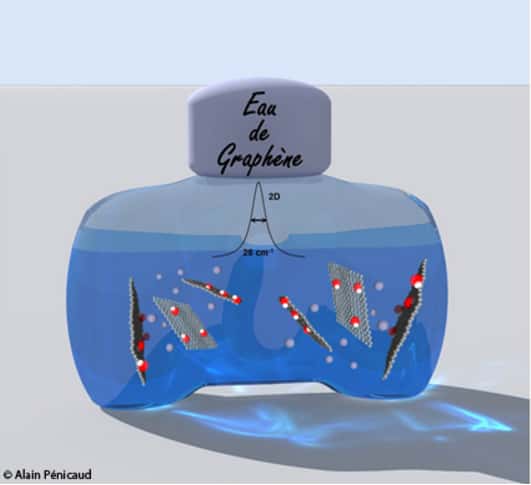 La méthode de fabrication imaginée par des chercheurs français permet d’obtenir des dispersions de graphène monocouche à des concentrations de 400 m<sup>2</sup> par litre. En rouge et blanc sur l'illustration, les ions OH<sup>-</sup> et en mauve, les ions K<sup>+</sup>. © Alain Pénicaud, Centre de recherche Paul Pascal (CNRS — Université de Bordeaux)