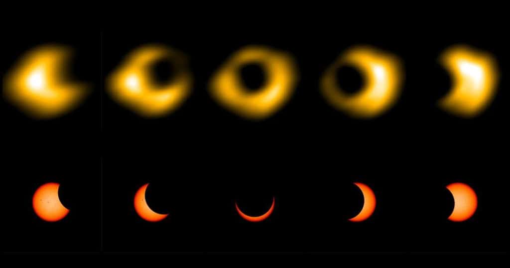 La rangée supérieure montre des images radio de l'éclipse solaire annulaire du 14 octobre 2023 observée par l'OVRO-LWA. La rangée du bas est une représentation schématique de ce à quoi devaient ressembler les images dans le visible de l'éclipse en même temps. © Sijie Yu