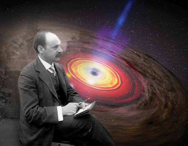 Karl Schwarzschild (1873-1916) était un brillant physicien et astrophysicien allemand. Il a trouvé la première solution exacte des équations relativistes du champ de gravitation décrivant une étoile simple, homogène, statique et à symétrie sphérique. Cette solution est à la base de la théorie moderne des trous noirs. On voit, à l'arrière plan, une image d'artiste d'un disque d'accrétion entourant un trou noir. © 2015, American Institute of Physics