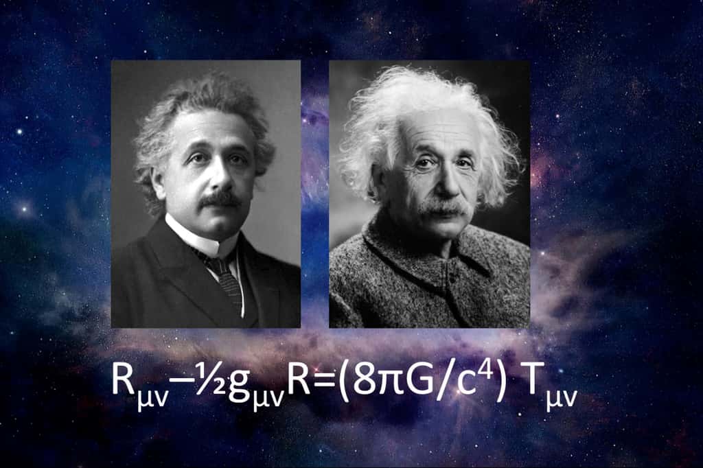 Albert Einstein et le système d'équations aux dérivées partielles non-linéaires de la théorie de la relativité générale. Le membre de gauche décrit la courbure de l'espace-temps alors que le membre de droite décrit les distributions d'impulsions et d'énergies, que ce soit la matière, la lumière ou l'énergie noire. © NASA, Nobel Foundation, Oren Jack Turner