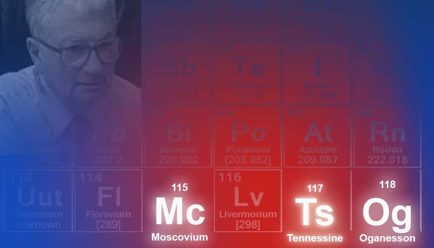 La septième période du tableau des éléments (la ligne 7), désormais complète, possède de nouveaux éléments : 113, 115, 117 et 118. Ils ont été officiellement baptisés nihonium (absent sur cette image), moscovium, tennessine, oganesson. ©<em> Lawrence Livermore National Laboratory</em>
