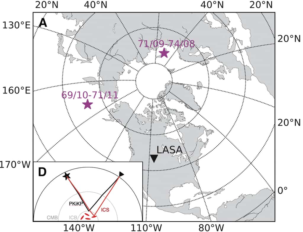 L'image ci-dessus indique les emplacements des essais nucléaires utilisés dans l'étude de Wang et Vidale (étoiles magenta) et du Lasa (triangle noir). © Wei Wang et John Vidale, 2022