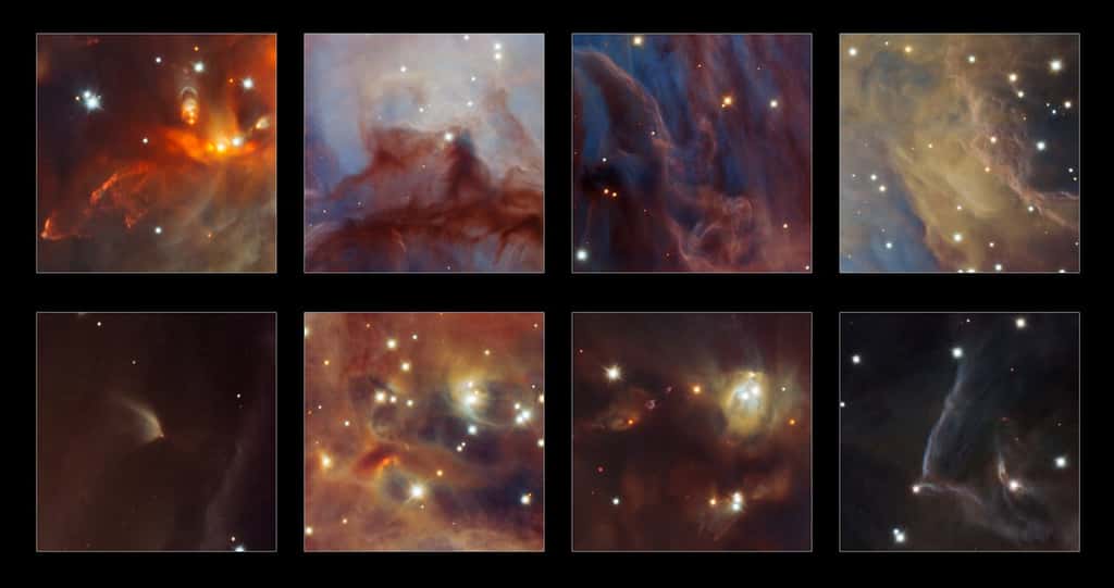 Sur cette image figurent quelques éléments marquants d’une nouvelle image spectaculaire de la zone de formation stellaire de la nébuleuse d’Orion. © Eso, H. Drass <em>et al.</em>