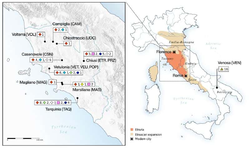 Répartition géographique des Étrusques au niveau de la péninsule italienne. Les individus échantillonnés sur chaque site archéologique sont localisés sur le panneau de gauche. © Posth et<em> al.</em>, 2021