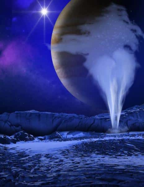 Les astronomes n’ont pas repéré de points chauds là où des geysers s’échappent de la surface d’Europe, lune glacée de Jupiter. Ici, une vue d’artiste. © K. Retherford/SWRI/Nasa/ESA