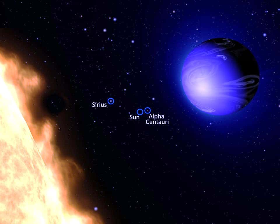 Le 6 novembre 2020, trois astronomes citoyens d'Unistellar – Mario Billiani (Autriche), Stephan Abel (Allemagne) et Julien de Lambilly (Suisse) – ont observé le transit de l’exoplanète HD 189733b, <em>alias</em> Isis, devant son étoile. Il s’agissait d’une Jupiter chaude située à 63 années-lumière du Soleil et qui est célèbre pour avoir été la première exoplanète à avoir sa couleur déterminée. Elle est bleu azur en raison  d'une atmosphère brumeuse avec des nuages ​​remplis de minuscules particules de verre issues de la condensation de gouttes de silicates en fusion. En voici une vue d'artiste. Elle orbite si près de son étoile qu'elle est en rotation synchrone, ce qui veut dire qu'elle lui présente toujours la même face. Une température supérieure à 1.000 °C doit régner dans la partie de l'atmosphère faisant face à l'étoile. Spitzer avait déjà permis de cartographier grossièrement la température de l'atmosphère de l'exoplanète en 2007, et on pense que sa face nocturne présente une température moyenne inférieure de 260 °C à celle de sa face diurne. De telles différences doivent générer des vents supersoniques dont les vitesses peuvent être de l'ordre de 7.000 km/h. L'artiste a aussi représenté le Soleil, Sirius et Alpha du Centaure telles que ces étoiles apparaîtraient depuis le système HD 189733. © G. Bacon, AURA/STScI
