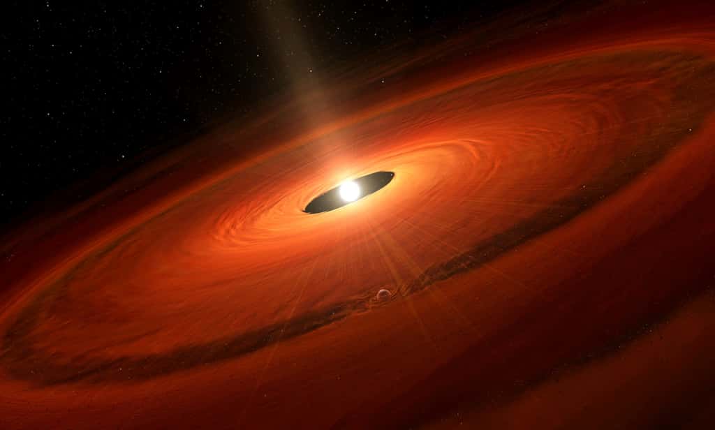 Âgée d’à peine un million d’années, la très jeune étoile AS 209 présente déjà un disque protoplanétaire façonné par des embryons de planètes géantes. © Alma (ESO/NAOJ/NRAO), D. Fedele et al.