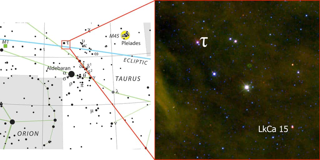 Voici où se trouve sur la voûte céleste l'étoile LkCa 15 dans la constellation du Taureau (<em>Taurus</em>). © Krauss, Irelande