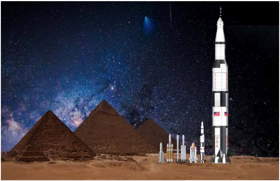  Par comparaison, de gauche à droite : les pyramides de Gizeh (environ 150 m de haut) ; Ariane 5 ; le Delta Heavy ; le Falcon 9 ; le Falcon Heavy ; la navette spatiale américaine ; Saturne V ; et enfin, la fusée géante de 400.000 tonnes que des extraterrestres devraient construire pour décoller d’une superterre comme Kepler-20 b. © Michael Hippke, 2018, <em>arXiv</em>