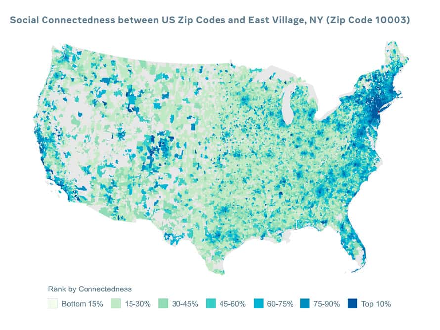 Voici la carte des connexions entre les utilisateurs Facebook d’<em>East Village</em>, de New York et du reste des États-Unis. © Facebook