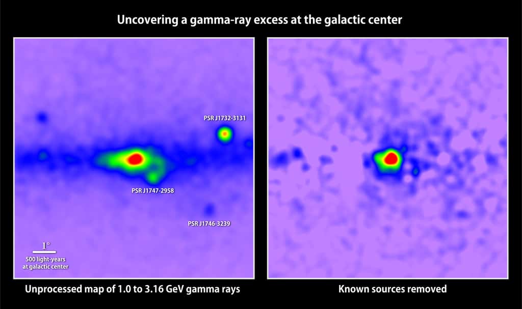 À gauche, une carte des émissions de rayons gamma, avec des énergies comprises entre 1 et 3,16 GeV, détectées dans le centre galactique par Fermi (la couleur rouge indique les émissions les plus intenses). Les principaux pulsars sont indiqués. Si l'on supprime les sources d'émissions gamma connues, il reste des émissions que l'on voit sur l'image de droite. On peut rendre compte de ces émissions par l'annihilation de particules de matière noire. © Tim Linden, université de Chicago