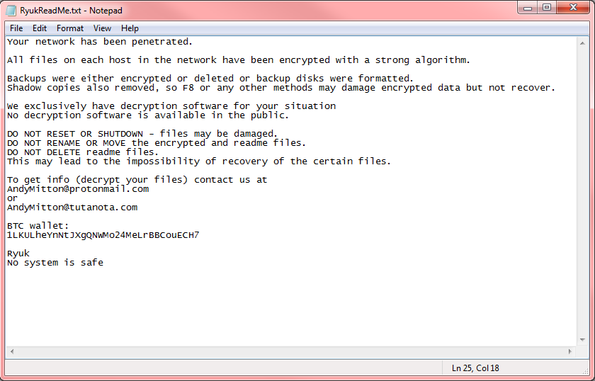 Voici le type de message qui s'affiche lorsque le ransomware Ryuk a atteint sa cible. © Check Point