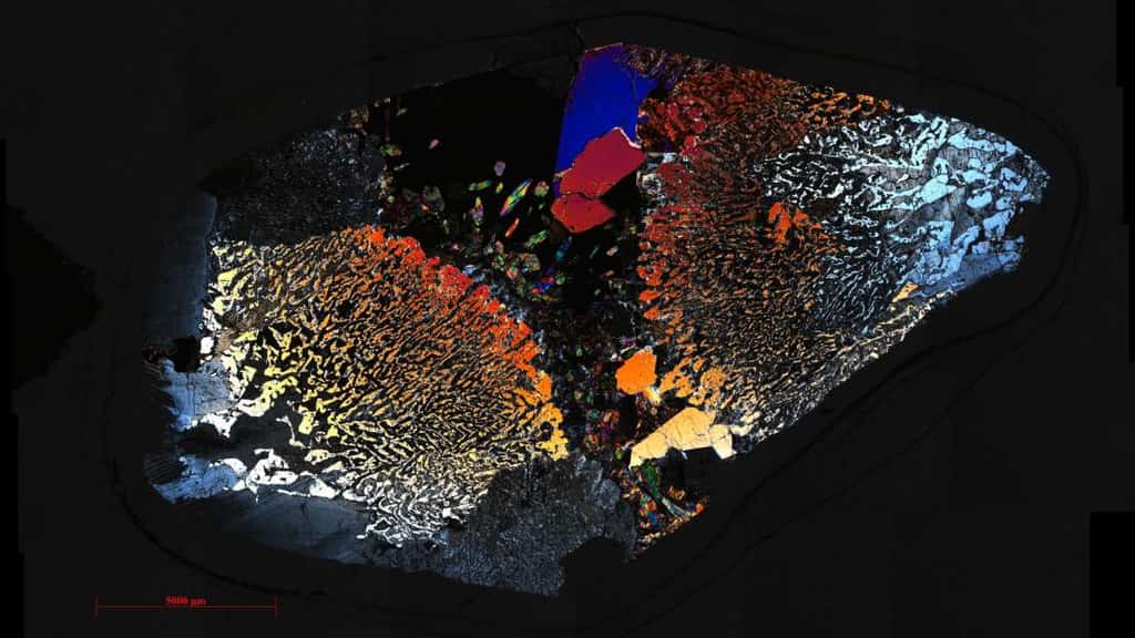 Un examen détaillé de roches plutoniques nichées à des centaines de mètres sous l'eau a révélé la vie dans la croûte océanique inférieure. Voici une mosaïque de microphotographie en coupe mince d'un des échantillons. © Frieder Klein, <em>Woods Hole Oceanographic Institution</em>
