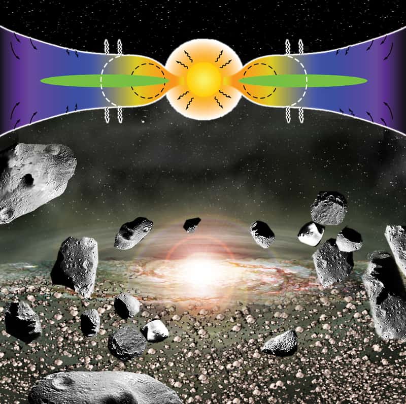 Une vue d'artiste de l'époque où le Soleil était encore une protoétoile tirant son énergie de la seule contraction gravitationnelle. Un disque protoplanétaire (en vert) l'entourait, alimenté par la chute de gaz et de poussières issus de la nébuleuse protosolaire (en bleu avec des flèches noires). Le Soleil était alors en phase T Tauri et émettait donc un intense rayonnement ultraviolet. C'est à cette époque, pendant les premiers millions d'années de l'histoire du Système solaire, que nombre d'astéroïdes ont subi un chauffage important. © <em>Lawrence Berkeley National Laboratory</em>