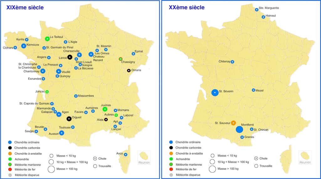 Comparaison des météorites découvertes en France aux XIX<sup>e</sup> et XX<sup>e</sup> siècles. © MNHN