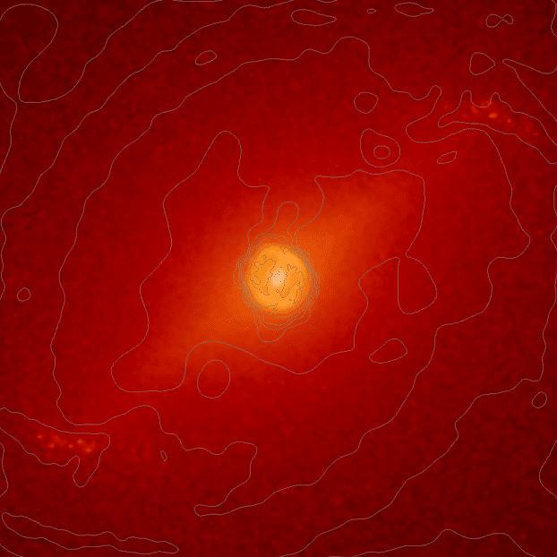 Un instant d’une simulation montrant les deux barres. Les contours en gris représentent le gaz qui s’accumule dans un anneau circumnucléaire et le long de la barre nucléaire. © Hervé Wozniak (université de Strasbourg, CNRS)