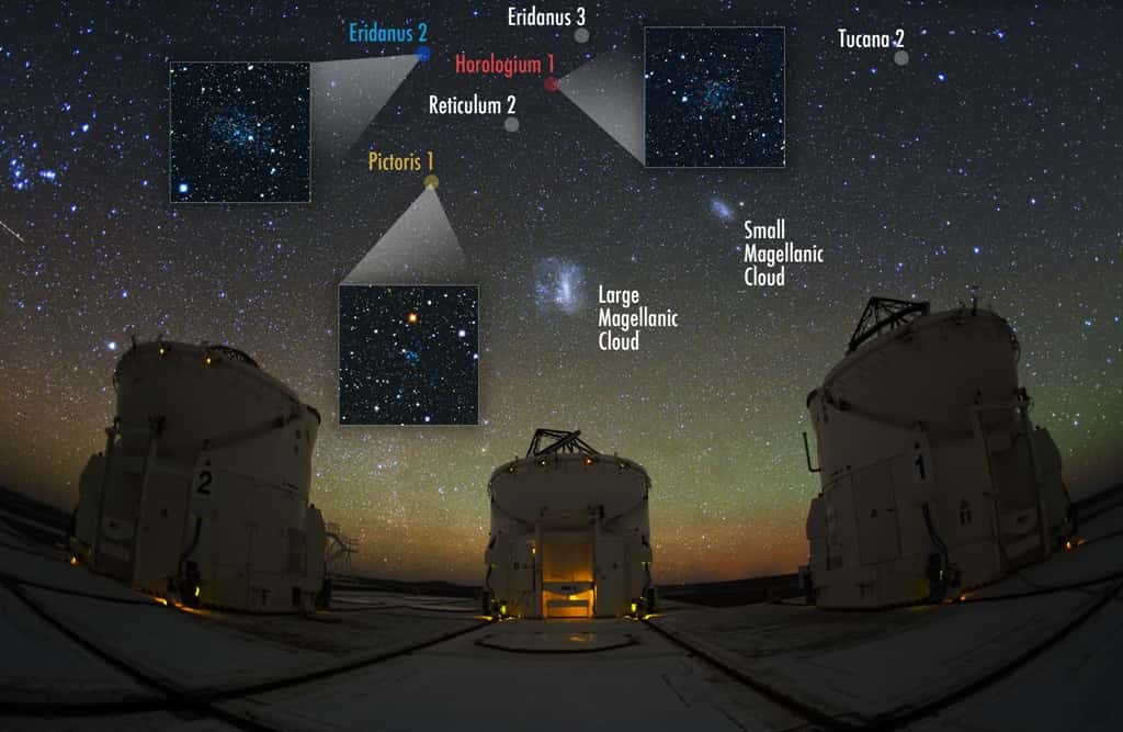 Les Nuages de Magellan sont bien visibles sur cette photo prise dans le désert de l'Atacama, au Chili, sur le site de l'observatoire du Paranal où se trouve le VLT de l'Eso. Six des nouveaux objets découverts à proximité de la Voie lactée sont représentés, accompagnés de photos pour les plus brillants d'entre eux. © V. Belokurov, S. Koposov (IoA, Cambridge). Photo : Y. Beletsky (<em>Carnegie Observatories</em>) 