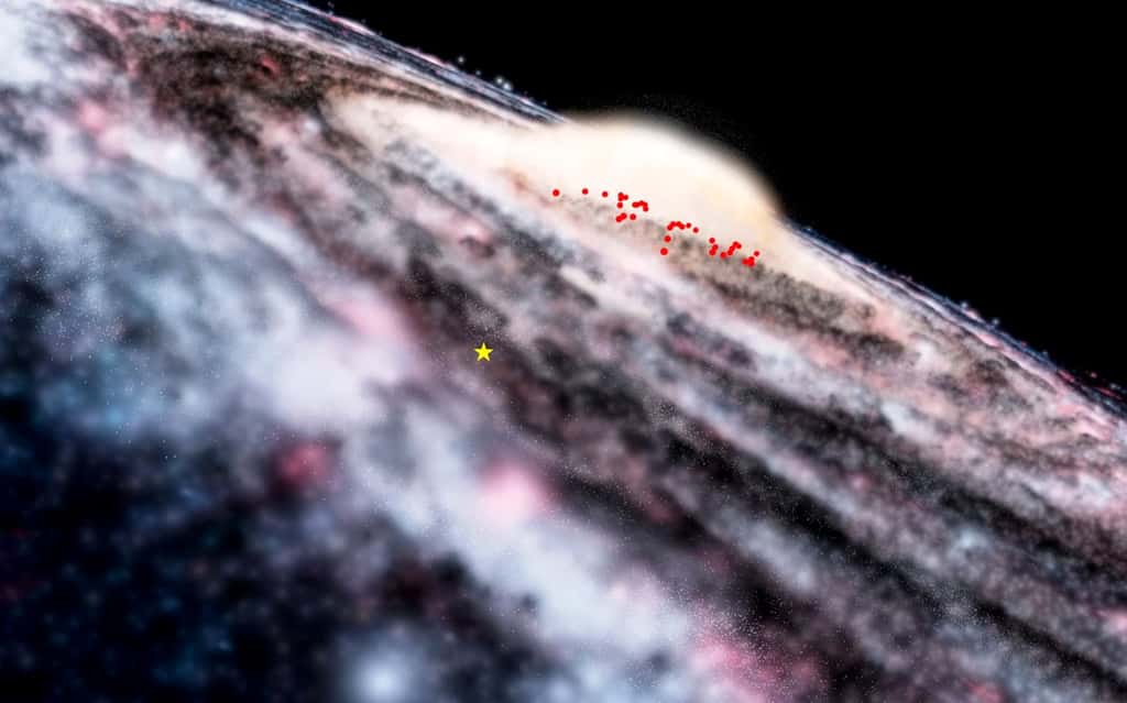 Sur ce diagramme figurent les positions des Céphéides (disques rouges) nouvellement découvertes sur une vue d'artiste de la Voie lactée (le Soleil est l'étoile jaune). © Eso, Microsoft WorldWide Telescope