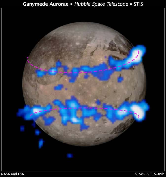 Les ovales auroraux sur Ganymède sont bien visibles dans l’ultraviolet si on les observe avec un télescope en dehors de l’atmosphère. On voit ici en fausses couleurs (en bleu et blanc), ces ovales révélésavec les instruments d’Hubble. L’image de Ganymède a été réalisée par la sonde Galileo. © Nasa, Esa, A. Feild (STScI)