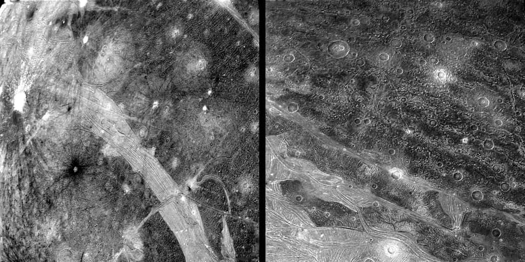 Des images de la surface de Ganymède prise par Voyager 2. Certaines structures font penser à la banquise d'Europe et sont peut-être les traces d'une époque où cette lune a été chauffée et malaxée par des forces de marée. © Nasa
