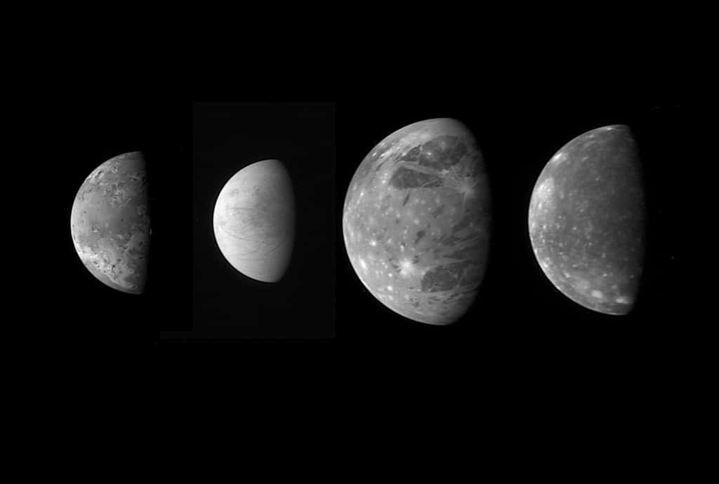 Une comparaison des tailles des quatre célèbres grandes lunes de Jupiter, dites galiléennes. De gauche à droite, voici Io, Europe, Ganymède et Callisto. Ces images ont été prises par la sonde de la mission New Horizon, alors qu'elle était en route vers Pluton. © Nasa