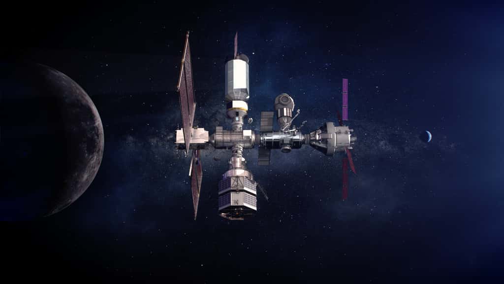 Concept de la Gateway, station orbitale qui gravitera autour de la Lune. La Gateway servira à transférer les astronautes vers le sol lunaire lors des missions habitées Artemis. © Nasa, ESA