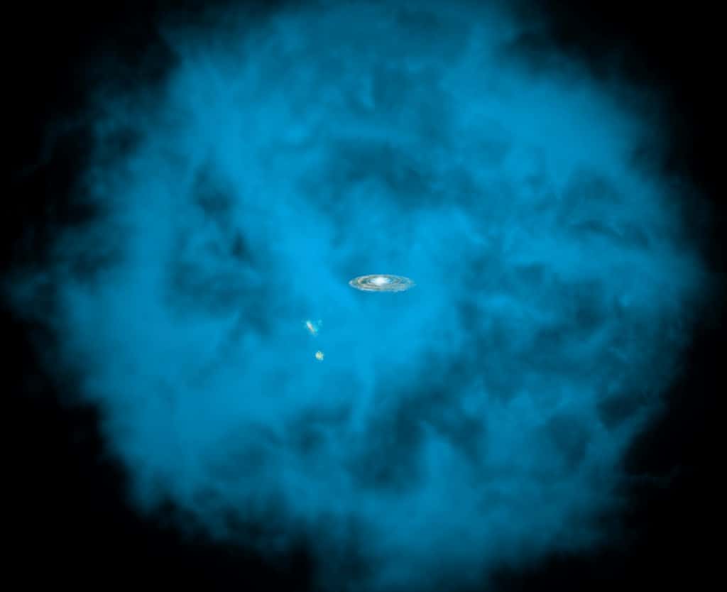 Une vue d'artiste de la Voie lactée et des deux galaxies naines que sont les nuages de Magellan plongés dans un halo plasma chaud à plusieurs millions de degrés et qui rayonne dans le domaine des rayons X. © Nasa, CXC, M. Weiss, <em>Ohio State</em>, A. Gupta <em>et al.</em>