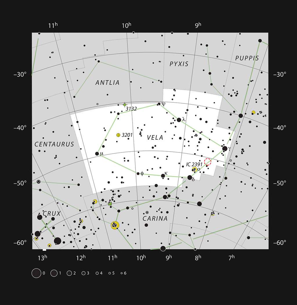 Cette carte montre la constellation australe des Voiles (Vela de son nom latin). La plupart des étoiles visibles à l'œil nu dans un ciel sombre y figurent. Un cercle rouge matérialise la position de la région de formation d'étoiles qui abrite Herbig-Haro HH 46/47, des structures inaccessibles à un petit télescope. © ESO, <em>IAU and Sky &amp; Telescope</em>