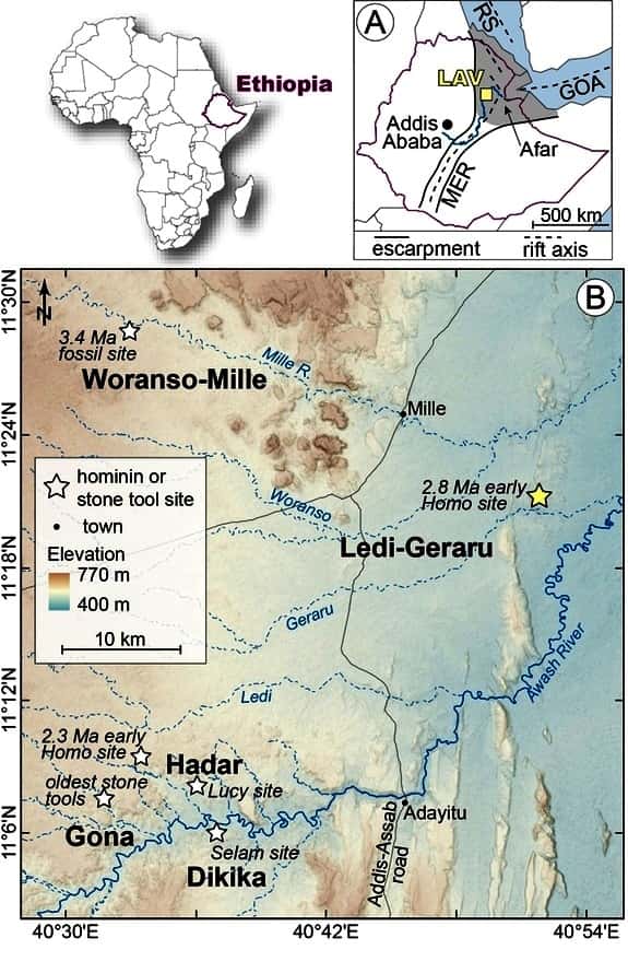 Ledi-Geraru est située à seulement 30 km d'Hadar, une région où l'on a trouvé des restes fossilisés d'une centaine d'<em>Australopithecus afarensis</em>. Les plus anciens outils en pierre connus sont datés d'environ 2,6 millions d'années et ils ont été trouvés à 40 km de Ledi-Geraru, près de Gona. © Erin Di Maggio