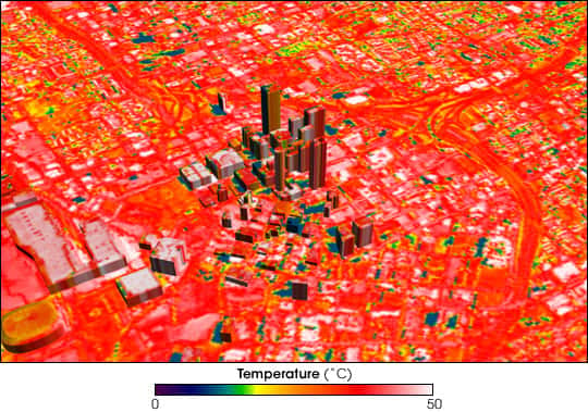 Thermographie de la ville d’Atlanta faisant ressortir les îlots de chaleur urbains les plus intenses en blanc. © Image courtesy <em>Nasa Goddard Space Flight Center, Scientific Visualization Studio</em>, Domaine public