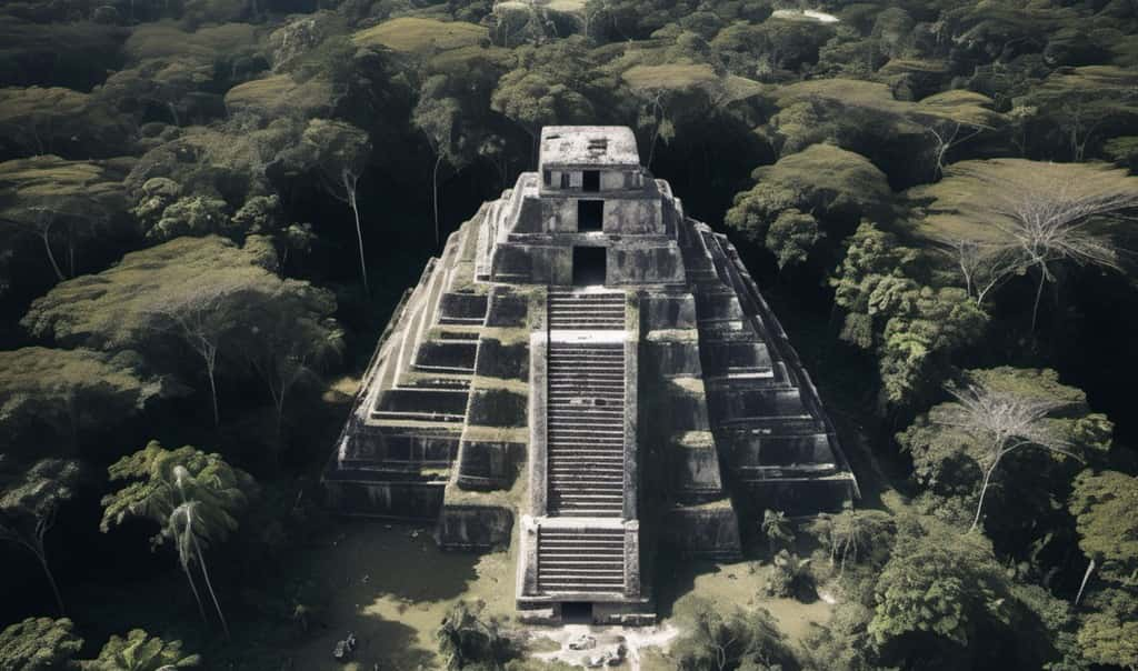 Image générée par intelligence artificielle d'une structure monumentale maya dans la jungle mexicaine. © OpenArt.ai