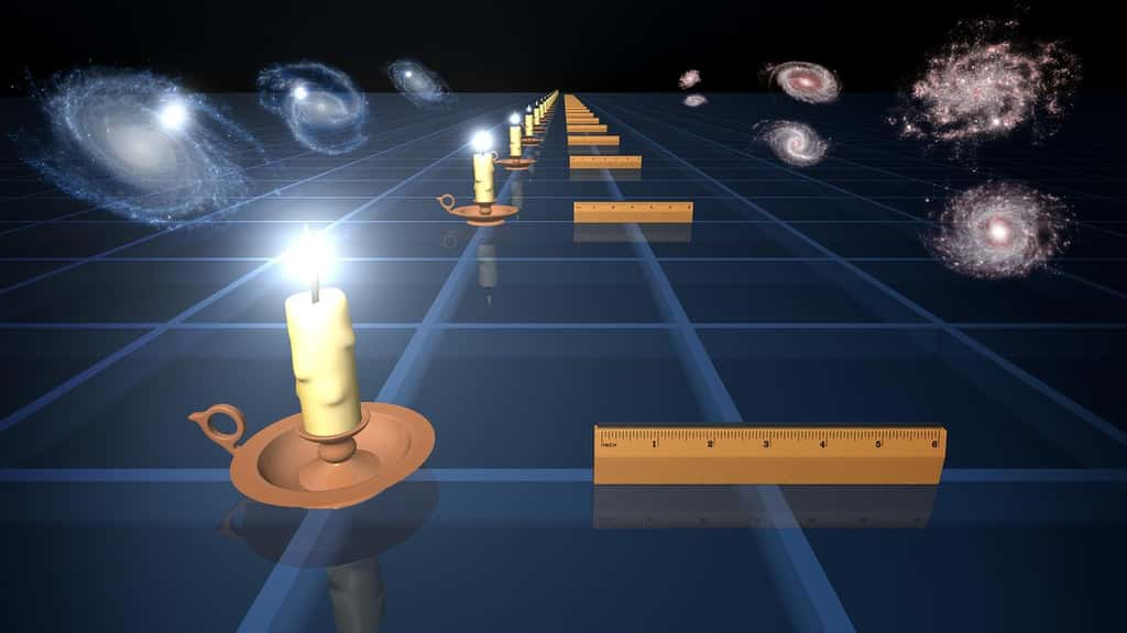 Une vue d'artiste du concept d'échelle des distances déterminée avec des chandelles standards sous forme de supernovae SN Ia dans les galaxies spirales. On peut aussi utiliser des règles étalons sous la forme d'astres dont on connaît la taille, comme certaines galaxies. © Nasa, JPL–Caltech