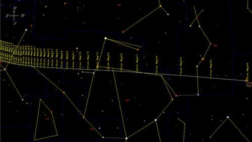 Position de la comète C/2023 A3 (Tsuchinshan-Atlas) entre le 15 octobre et le 20 décembre 2024.<br>Simulation SkyMap Pro.