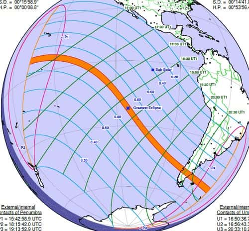 L'éclipse solaire sera visible depuis l'océan Pacifique, sur l'île de Pâques et à la pointe sud de l'Amérique du Sud. © Réalisé avec WinEclipse v3.5 de Heinz Scsibrany