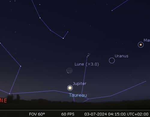 La Lune en rapprochement avec les Pléiades et Jupiter