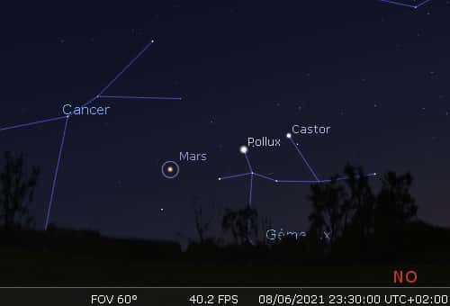 Mars, Pollux et Castor sont alignés dans le ciel