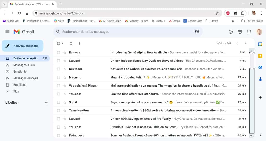 L’interface par défaut de Gmail ne facilite pas une consultation aisée de ses messages. © Google