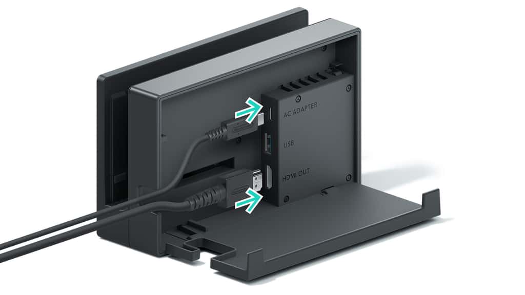 Connexion des câbles de la prise secteur et de la connexion HDMI à la station d’accueil. Photo Nintendo <em>via</em> l’agence Laboitecom © Nintendo