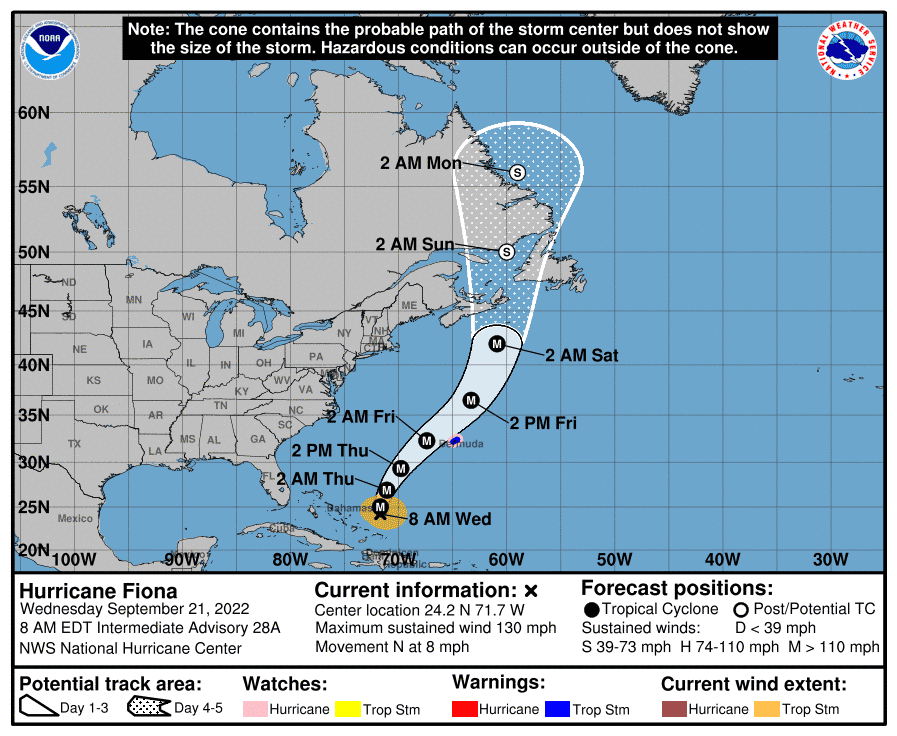 La trajectoire de l'ouragan Fiona prévue cette semaine. © NOAA