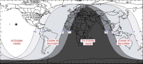 Carte mondiale de visibilité de l'éclipse partielle du 19 novembre 2021.