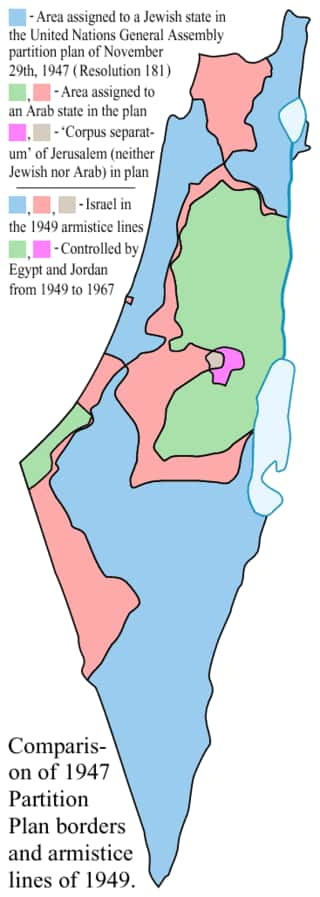 Comparaison entre les frontières du plan de partage de l'Assemblée générale des Nations Unies du 29 novembre 1947 (résolution 181) pour le territoire sous mandat britannique de Palestine et les éventuelles frontières d'armistice de 1949-1950. © WIKIMÉDIA COMMONS, DOMAINE PUBLIC