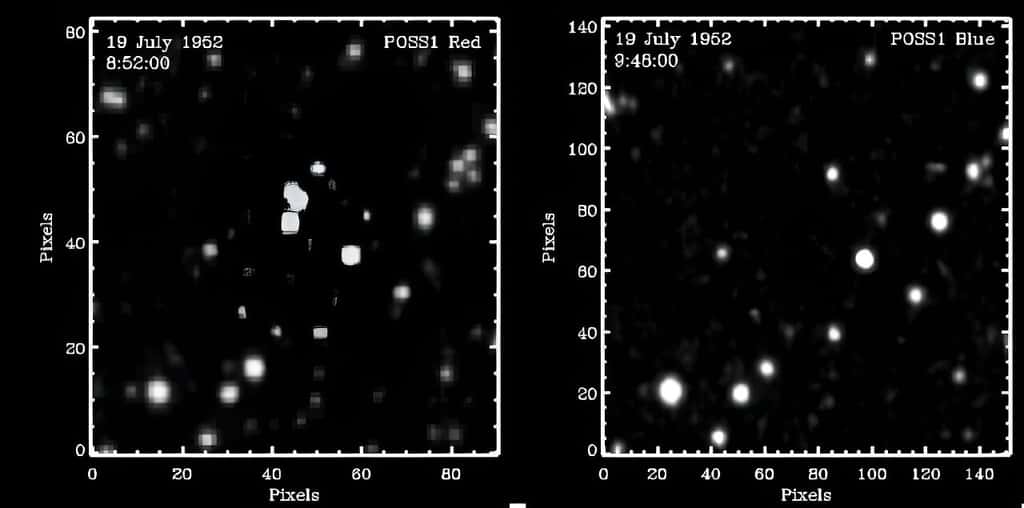 On voit clairement trois étoiles groupées de façon serrée sur la voûte céleste qui disparaissent sur ces plaques photographiques de 1952. © Palomar Observatory/Solano, et <em>al.</em>