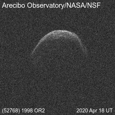 Animation de la rotation de l'astéroïde potentiellement dangereux 1998 OR<sub>2</sub> qui nous rendra visite le 29 avril. Les chercheurs de l'observatoire Arecibo s'amuse de sa physionomie qui leur évoque un masque de protection utilisé contre la pandémie covid-19. © Arecibo, Nasa, NSF