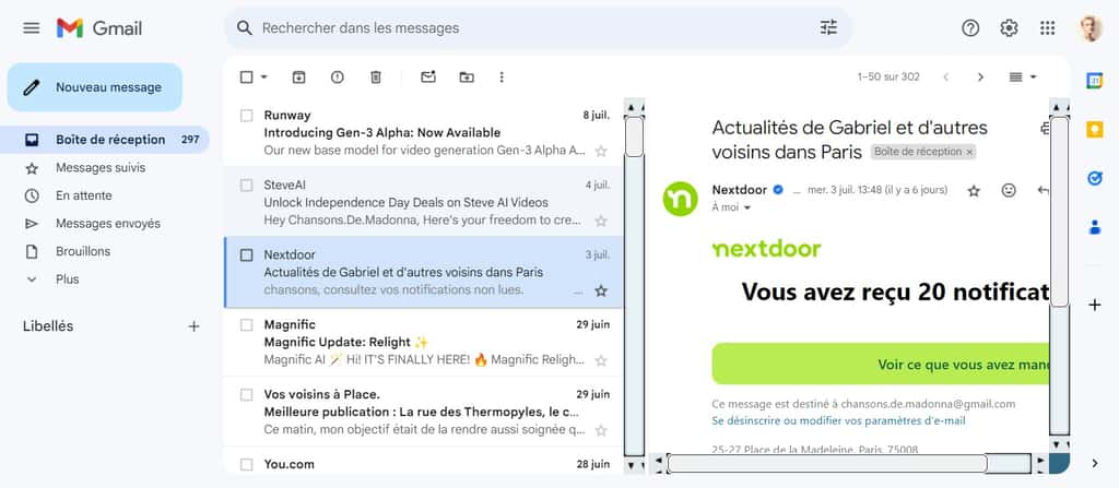 Ici, nous obtenons le contenu des messages dans un volet sur la droite. © Google