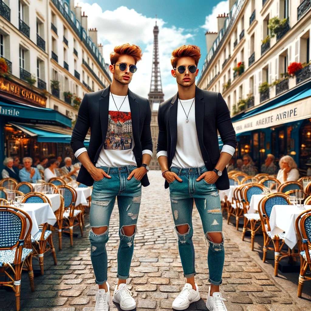 L’image obtenue avec ce prompt : « <em>Pourrais-tu prendre les deux personnages de l'image de seed 3042738907 et les placer dans une rue de Paris ?</em> ». © D. Ichbiah avec Dall.e 3 de OpenAI