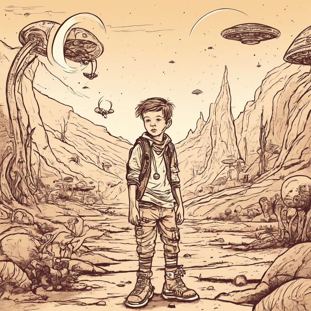 « Un jeune garçon perdu dans un territoire alien – style fantasypunk et cartoonpunk ». © Maze Guru