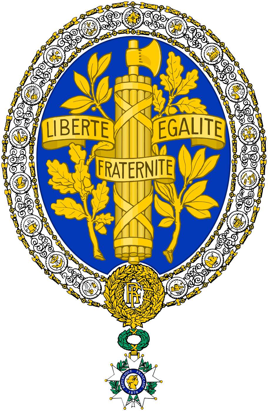 Armes de la République française, créées sous la IIIe République, à noter cette présence très importante du bleu. © Wikimedia Commons, domaine public.