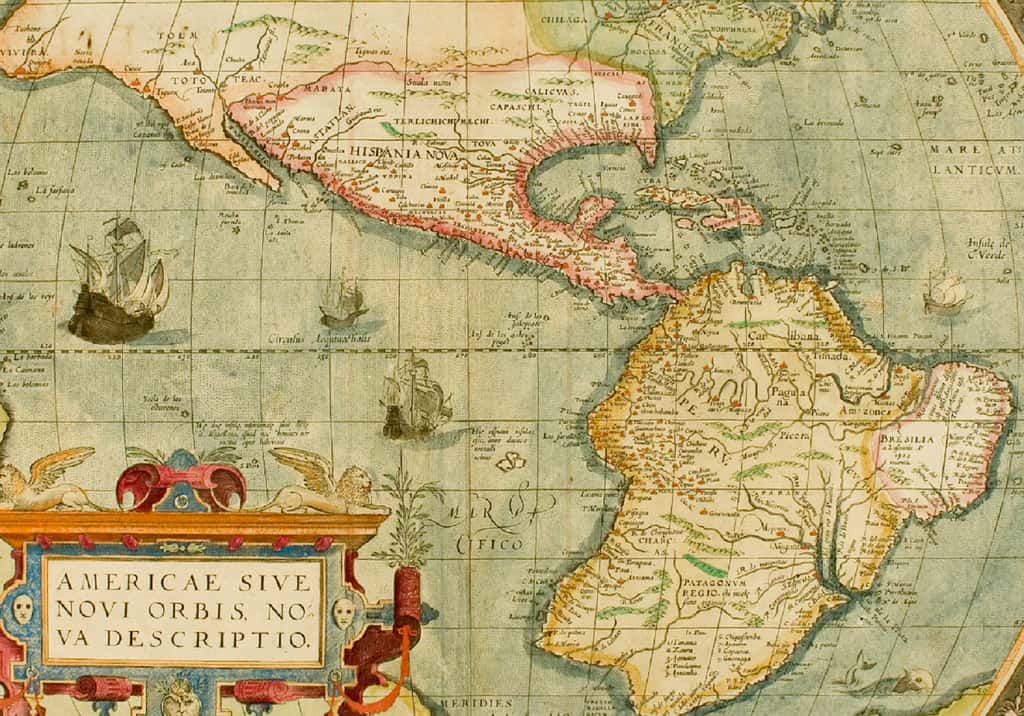 Carte « Nouvelle description de l'Amérique ou Nouveau Monde » d'après Ortélius, vers 1579. Neatline Antique Maps. © 2018 Neatline LLC.